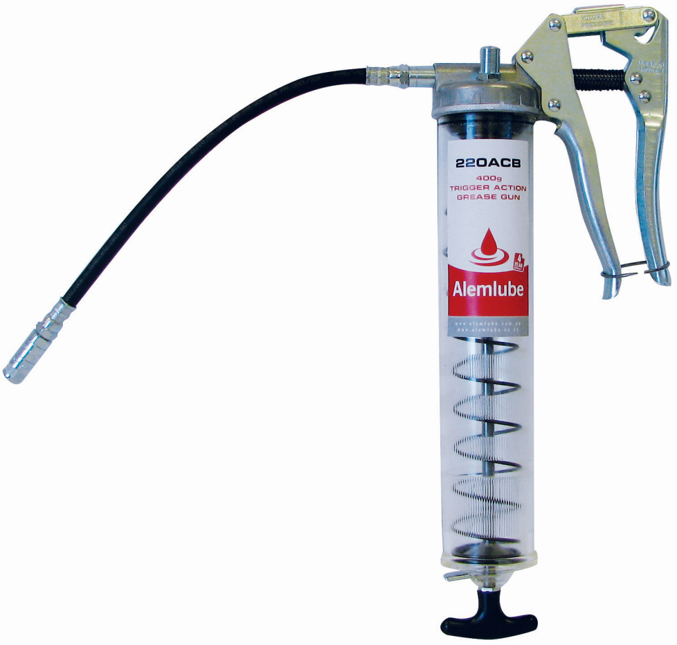 Alemlube clear barrel trigger action grease gun at 8,500psi