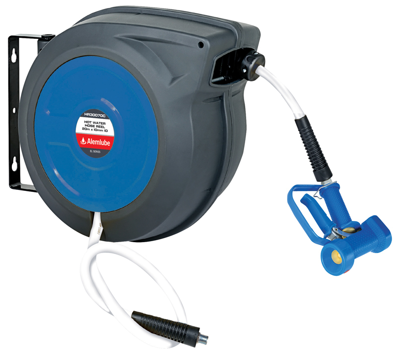 Alemlube Hot Wash Hose Reel w/ Washdown Gun & Hybrid Polymer Hose (EL ...